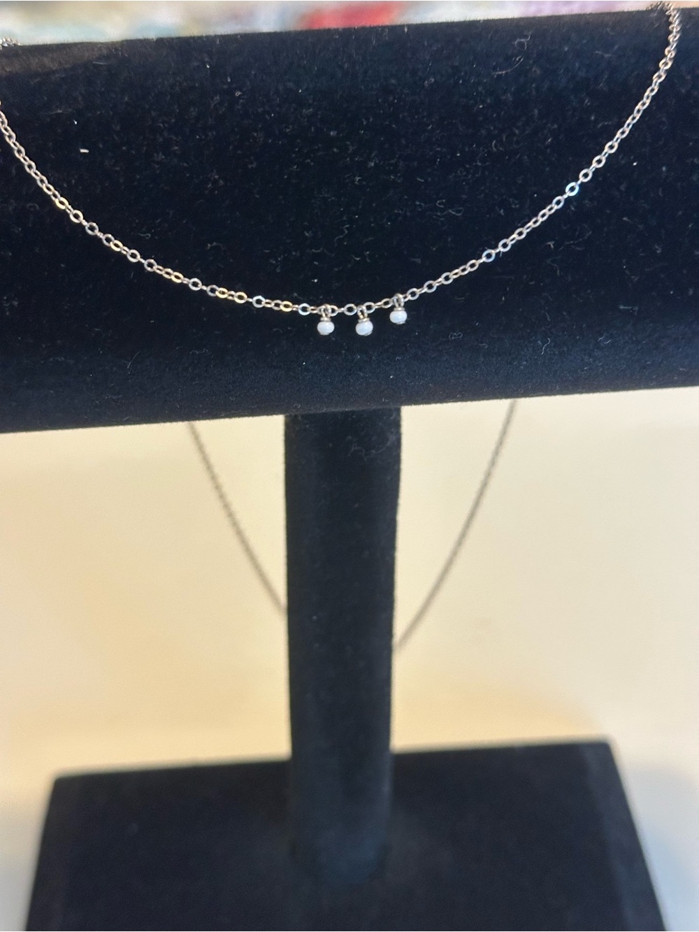 Delicate Sterling Silver Chain Necklace with Three White Bead Charms
